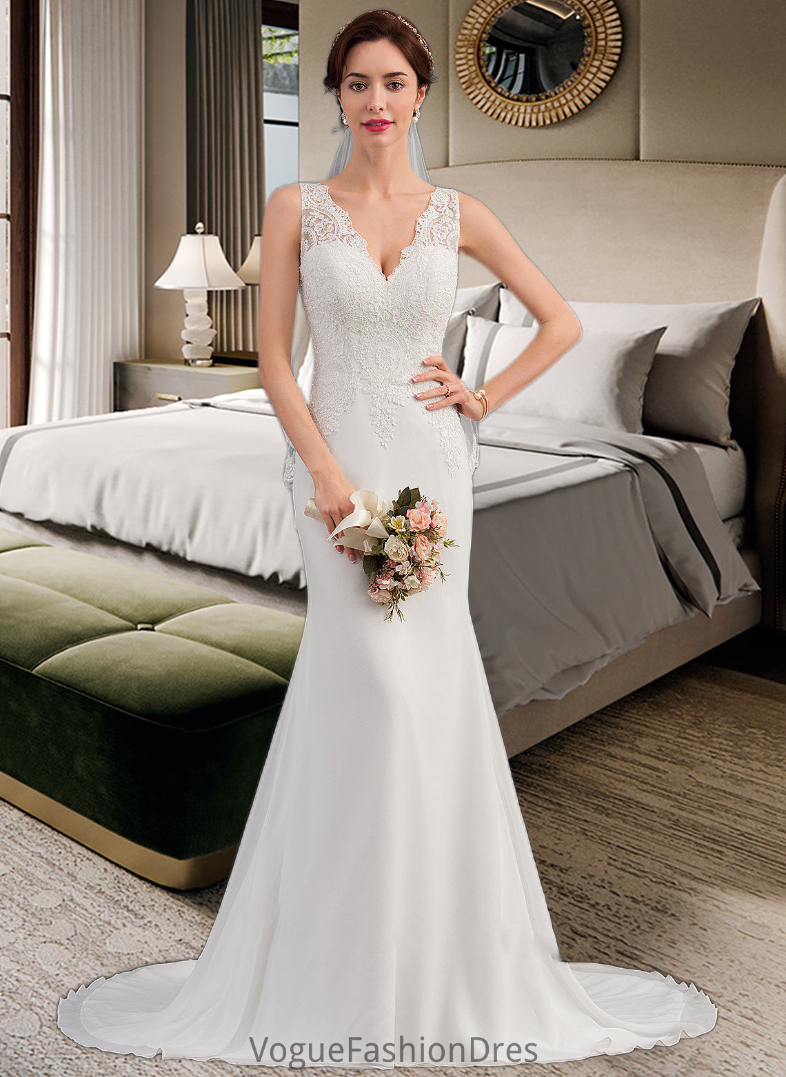 Hana Trumpet/Mermaid V-neck Court Train Chiffon Wedding Dress DKP0013788