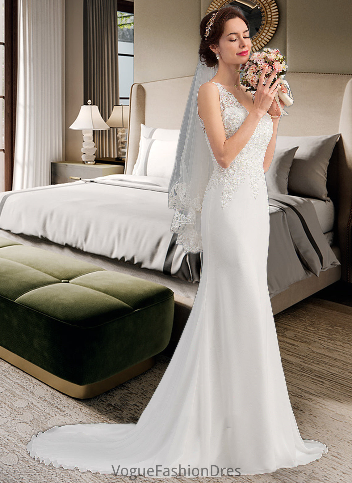 Hana Trumpet/Mermaid V-neck Court Train Chiffon Wedding Dress DKP0013788