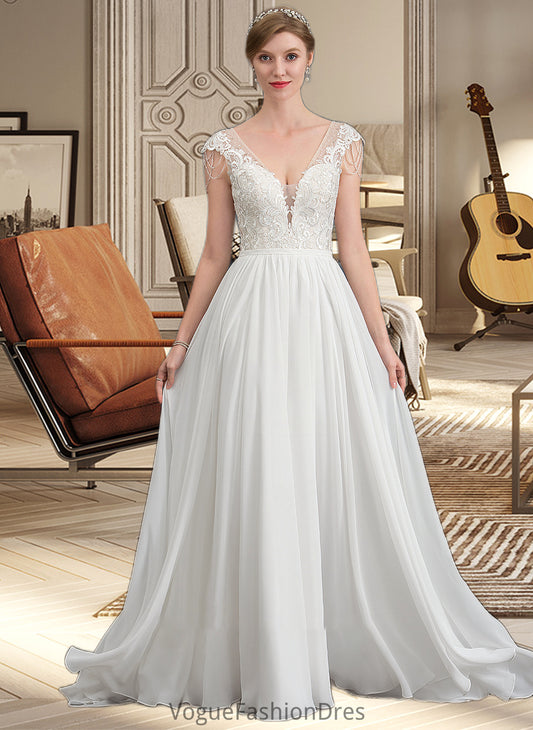 Elyse A-Line V-neck Sweep Train Chiffon Wedding Dress With Beading Sequins DKP0013792