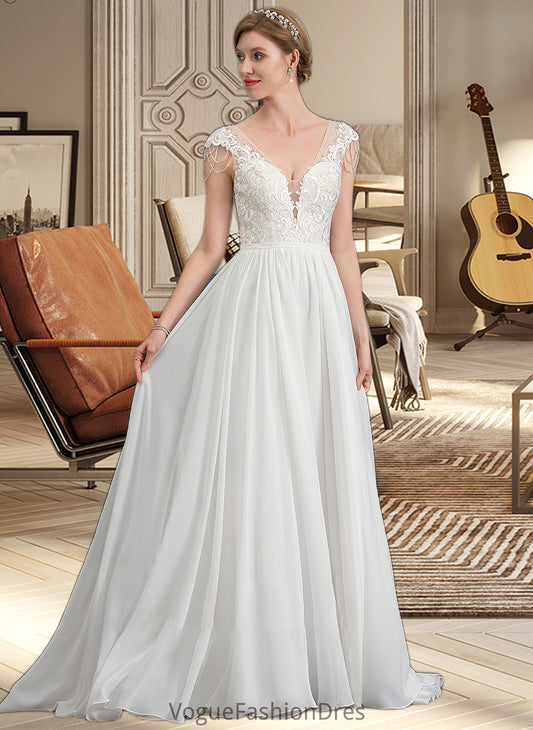 Elyse A-Line V-neck Sweep Train Chiffon Wedding Dress With Beading Sequins DKP0013792