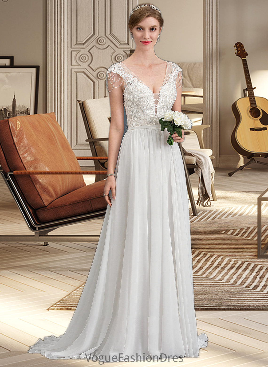 Elyse A-Line V-neck Sweep Train Chiffon Wedding Dress With Beading Sequins DKP0013792