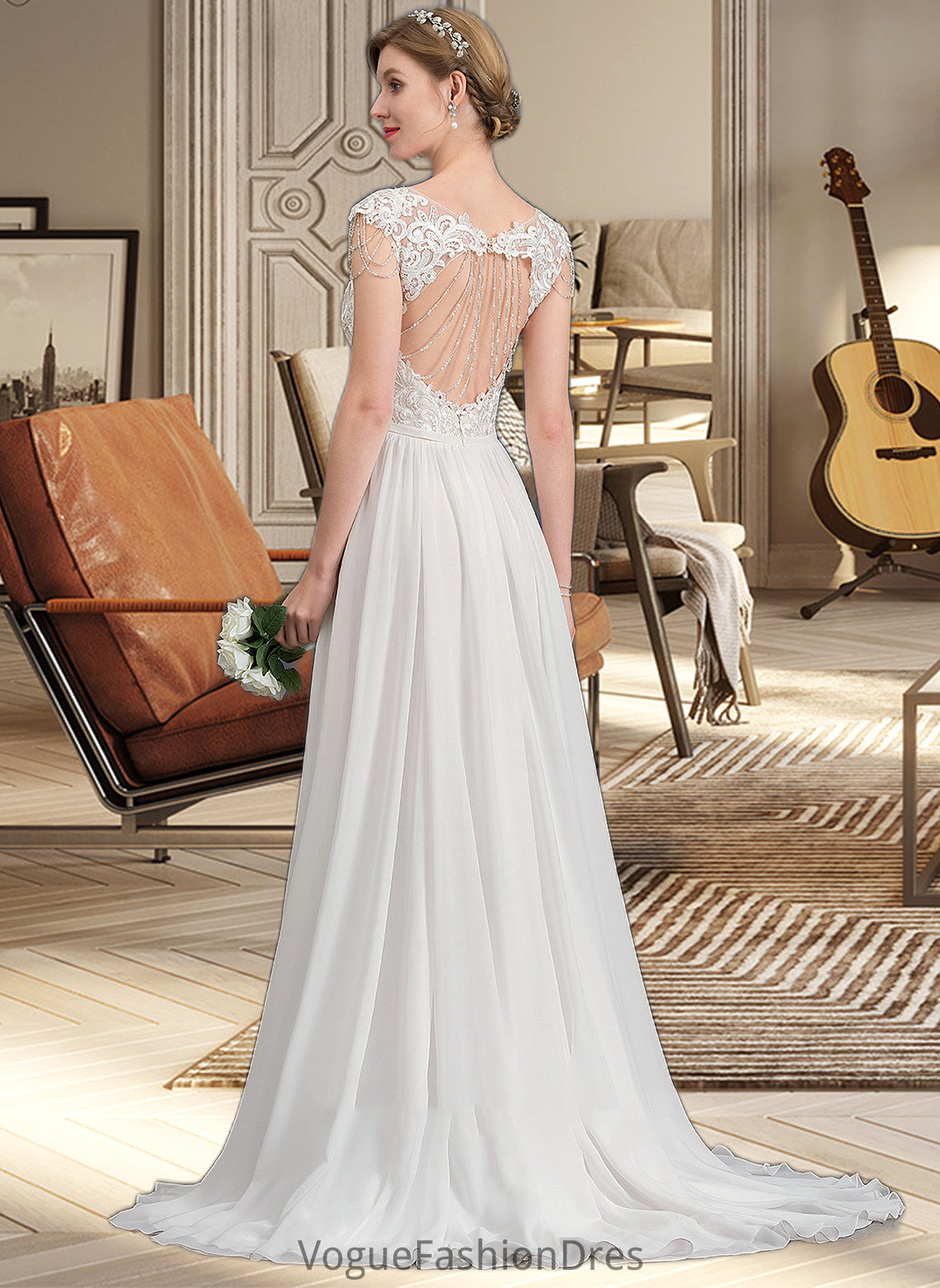 Elyse A-Line V-neck Sweep Train Chiffon Wedding Dress With Beading Sequins DKP0013792