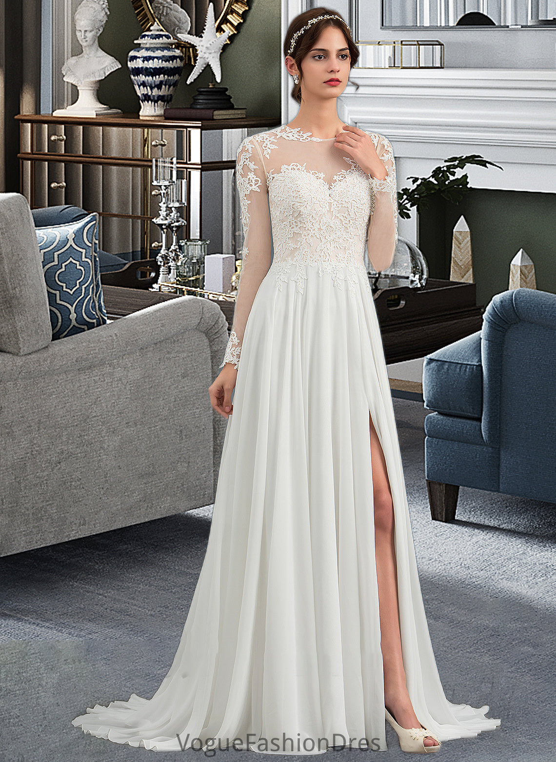 Adison A-Line Illusion Sweep Train Chiffon Wedding Dress With Appliques Lace Split Front DKP0013793