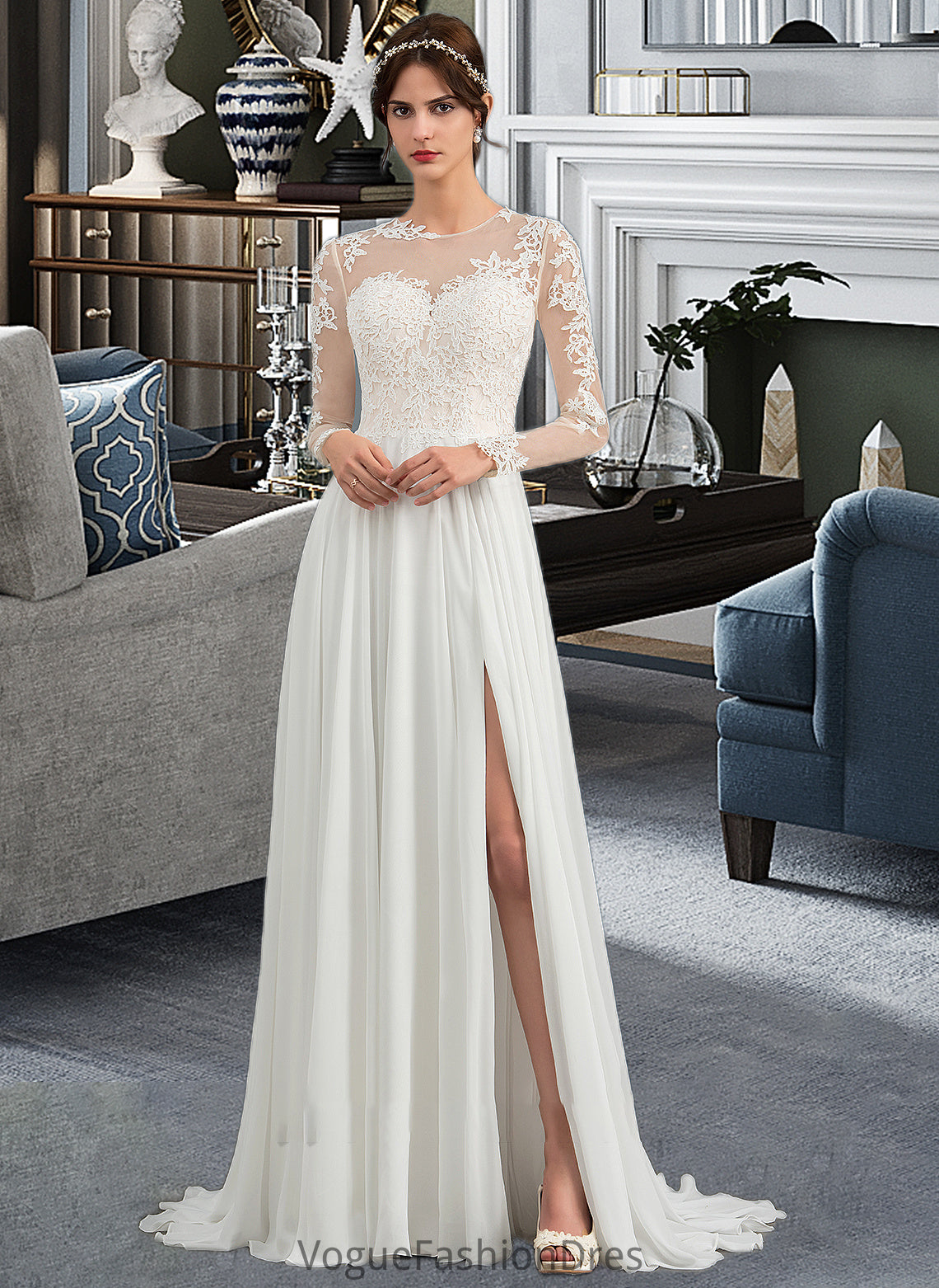 Adison A-Line Illusion Sweep Train Chiffon Wedding Dress With Appliques Lace Split Front DKP0013793