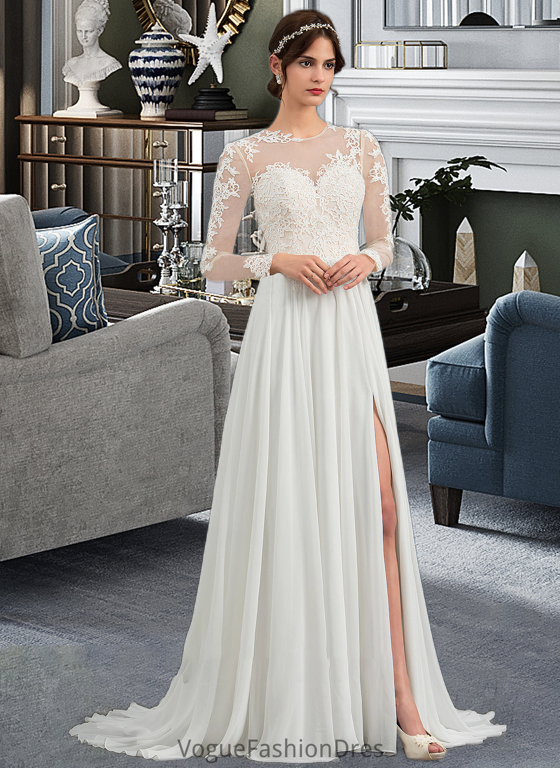 Adison A-Line Illusion Sweep Train Chiffon Wedding Dress With Appliques Lace Split Front DKP0013793