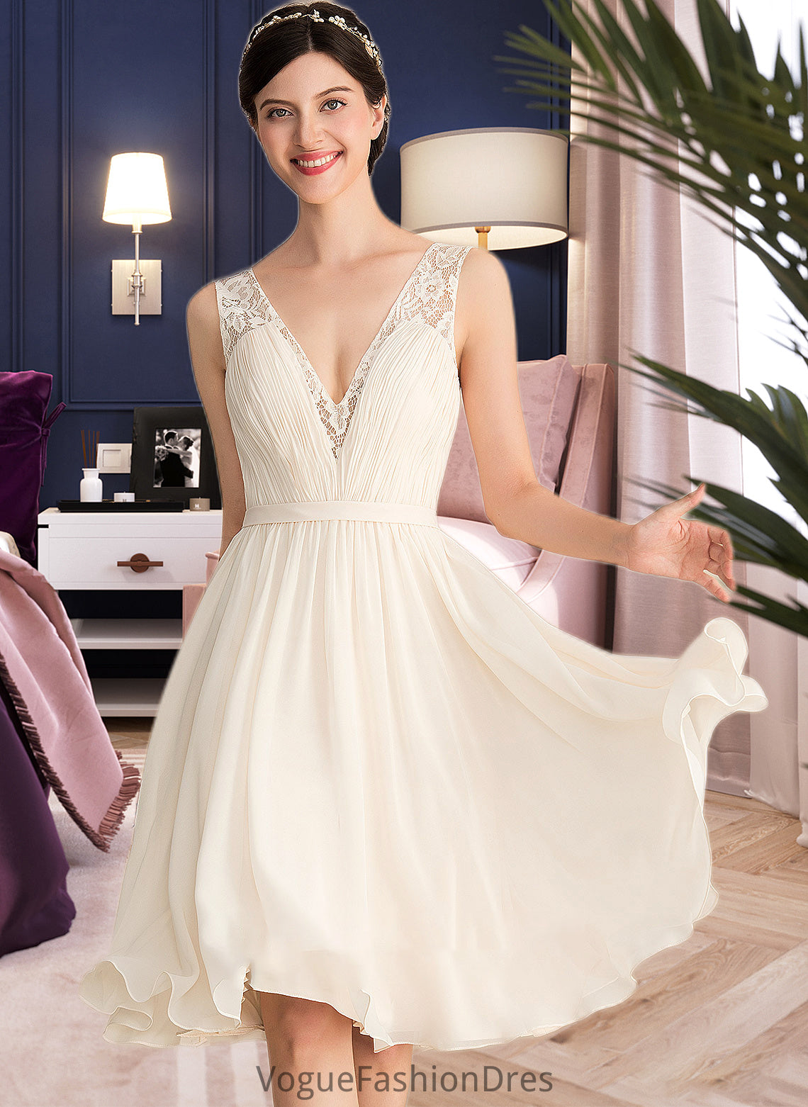 Elisabeth A-Line V-neck Knee-Length Chiffon Lace Wedding Dress With Ruffle DKP0013794