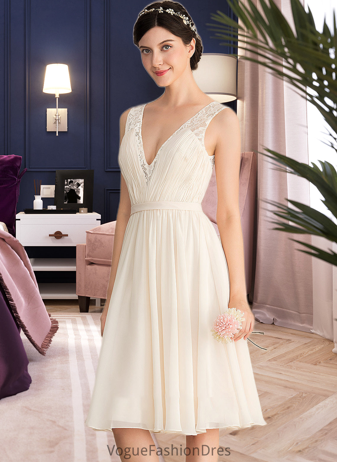 Elisabeth A-Line V-neck Knee-Length Chiffon Lace Wedding Dress With Ruffle DKP0013794