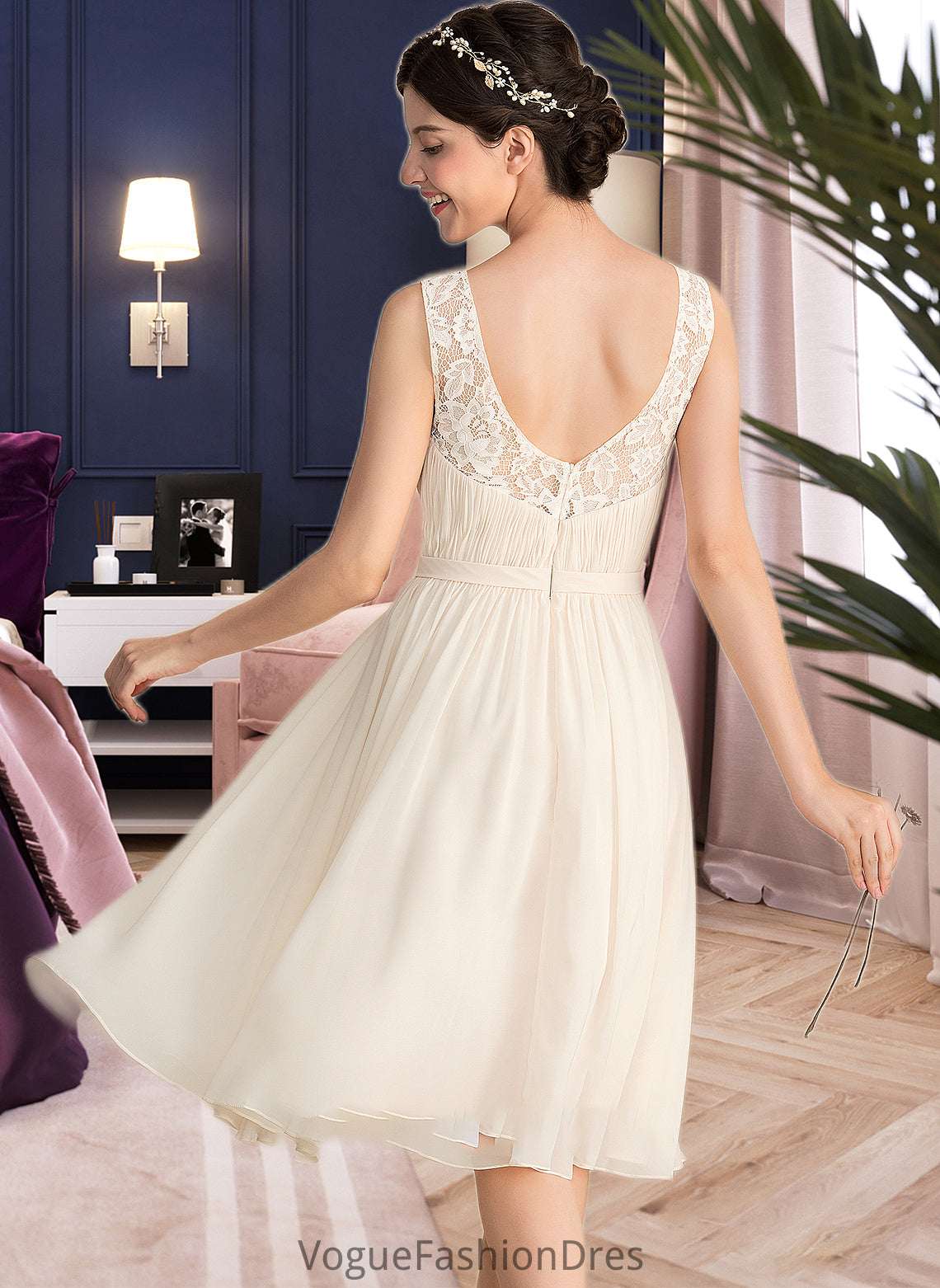 Elisabeth A-Line V-neck Knee-Length Chiffon Lace Wedding Dress With Ruffle DKP0013794