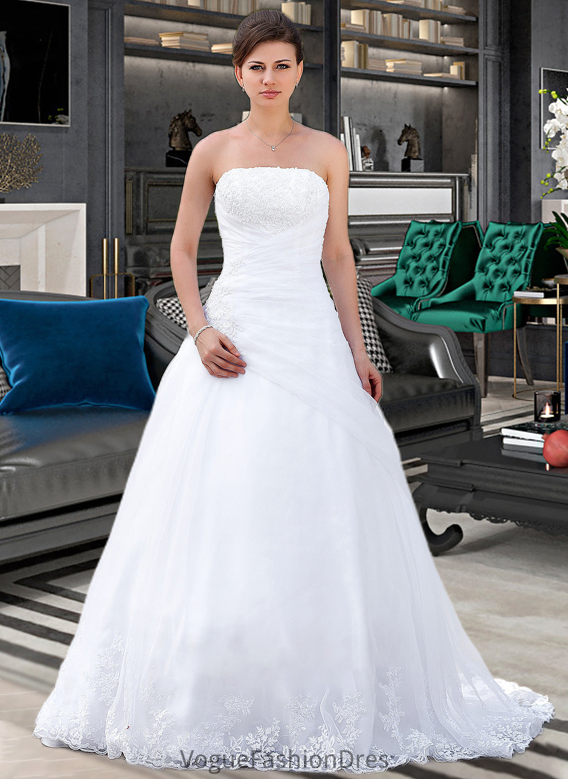 Una Ball-Gown/Princess Strapless Chapel Train Satin Organza Wedding Dress With Lace Beading DKP0013796