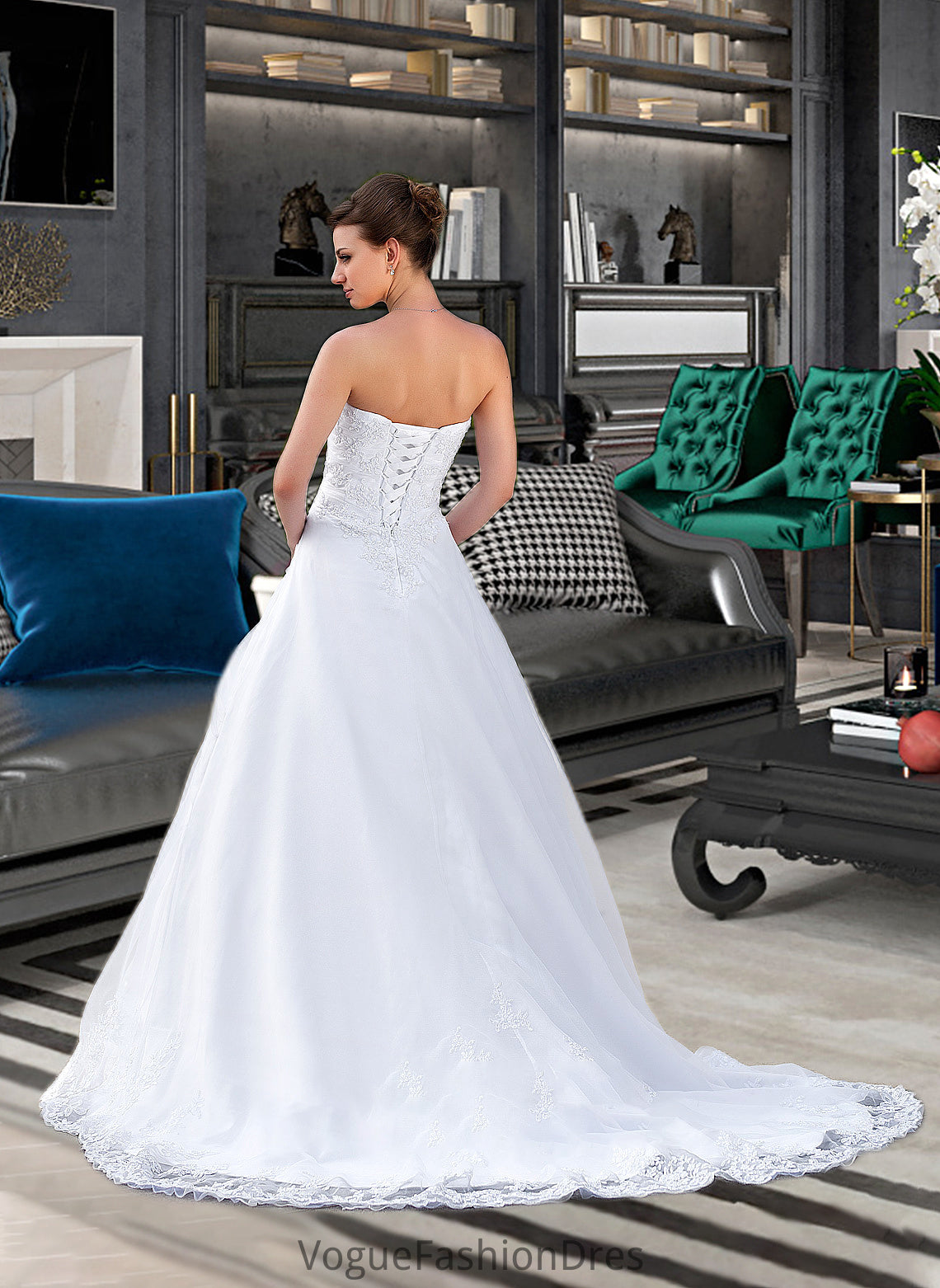 Una Ball-Gown/Princess Strapless Chapel Train Satin Organza Wedding Dress With Lace Beading DKP0013796