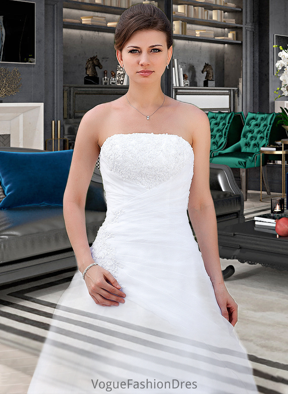 Una Ball-Gown/Princess Strapless Chapel Train Satin Organza Wedding Dress With Lace Beading DKP0013796