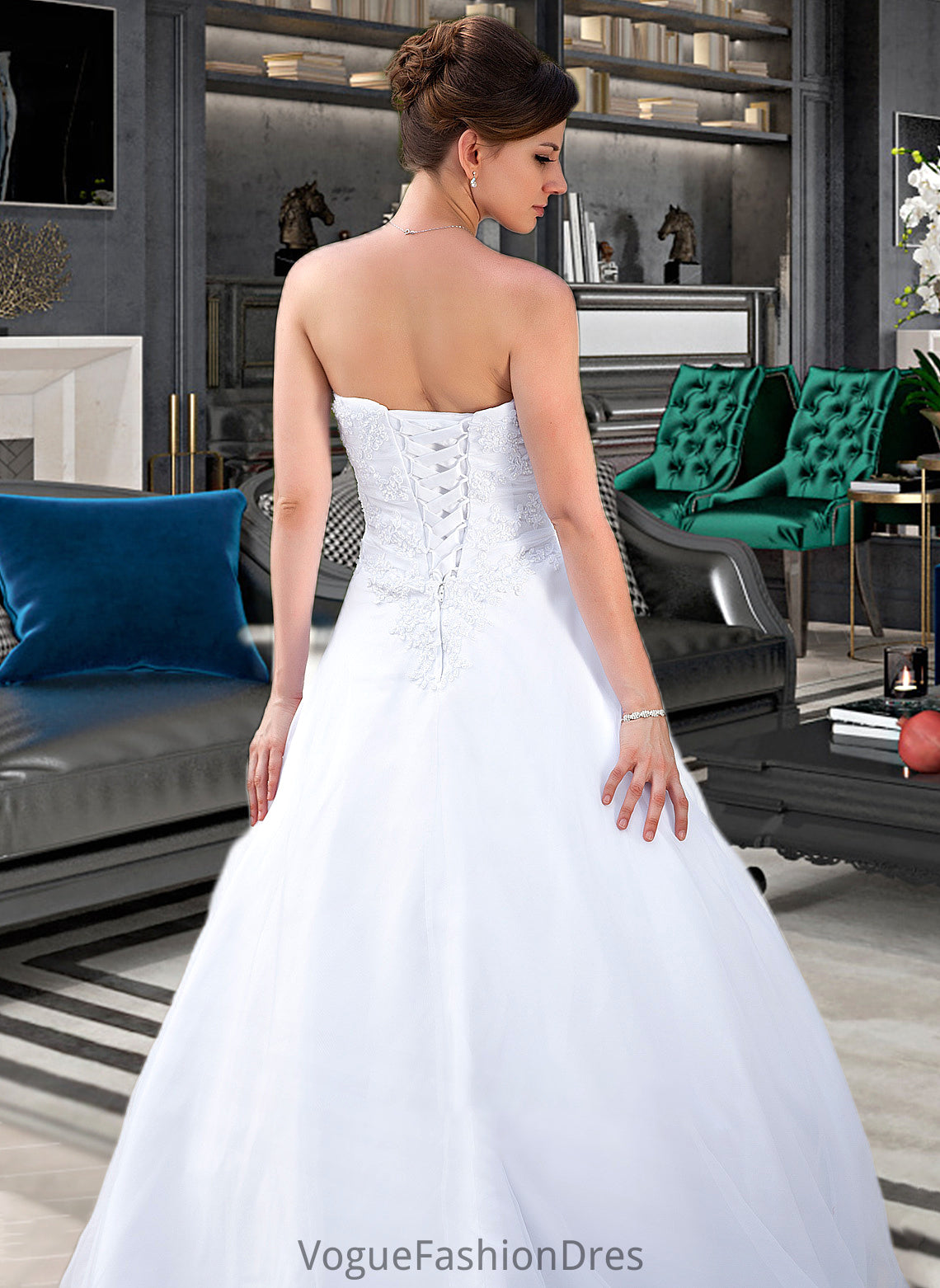 Una Ball-Gown/Princess Strapless Chapel Train Satin Organza Wedding Dress With Lace Beading DKP0013796