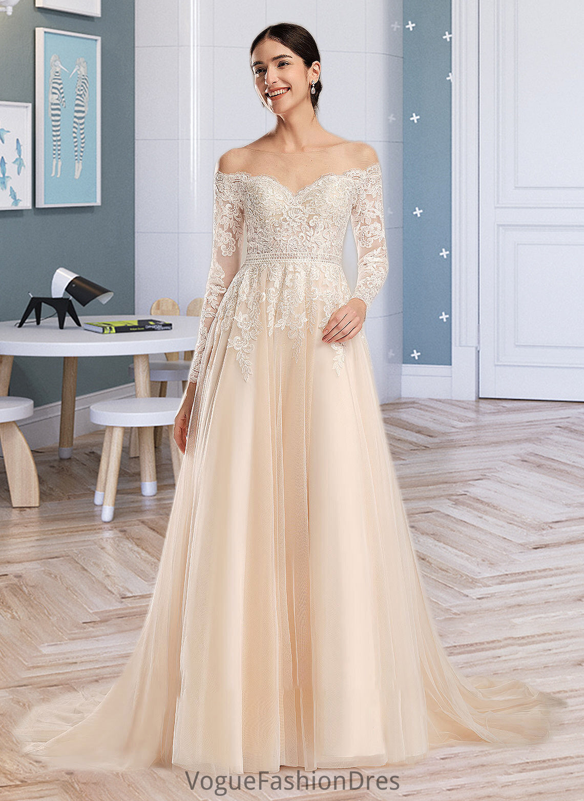 Nadine Ball-Gown/Princess Illusion Chapel Train Wedding Dress With Sequins DKP0013798