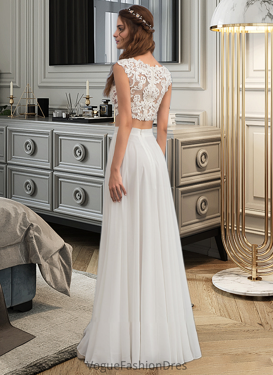 Rylee A-Line Scoop Neck Floor-Length Chiffon Wedding Dress With Beading Sequins DKP0013799