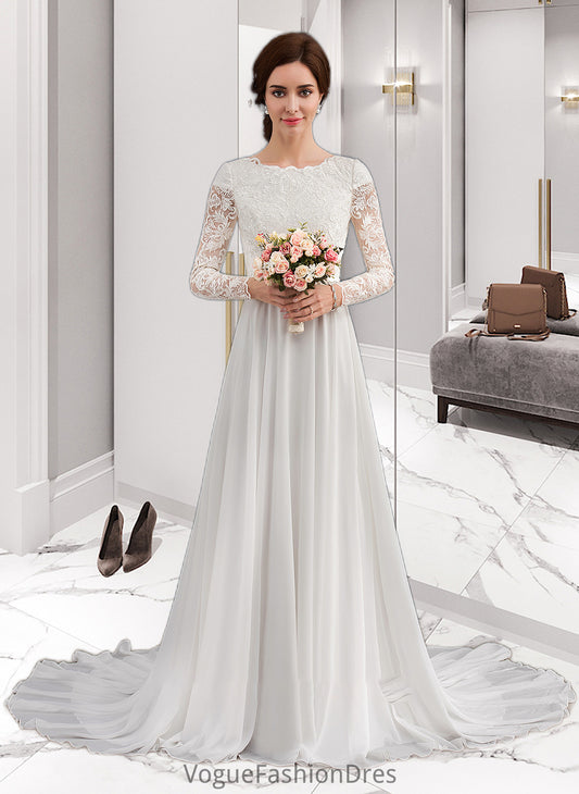 Neveah A-Line Scoop Neck Court Train Chiffon Wedding Dress With Beading DKP0013800