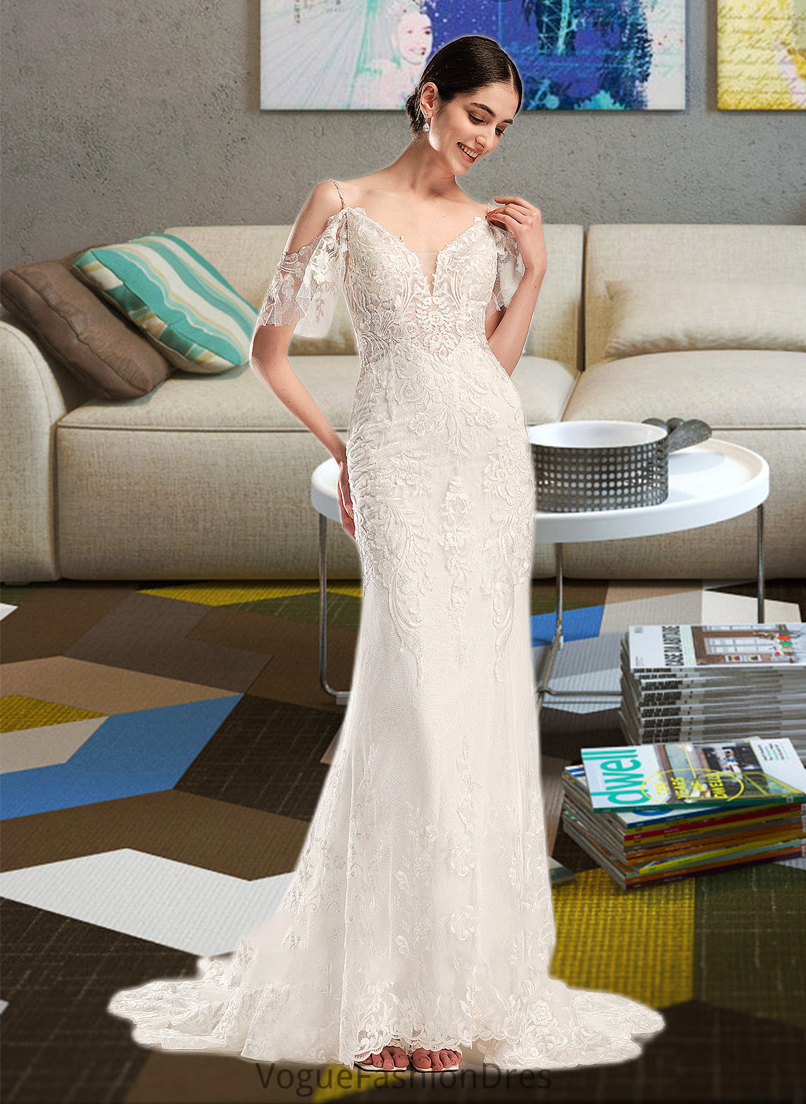 Lauretta Trumpet/Mermaid V-neck Chapel Train Wedding Dress With Beading Sequins DKP0013802