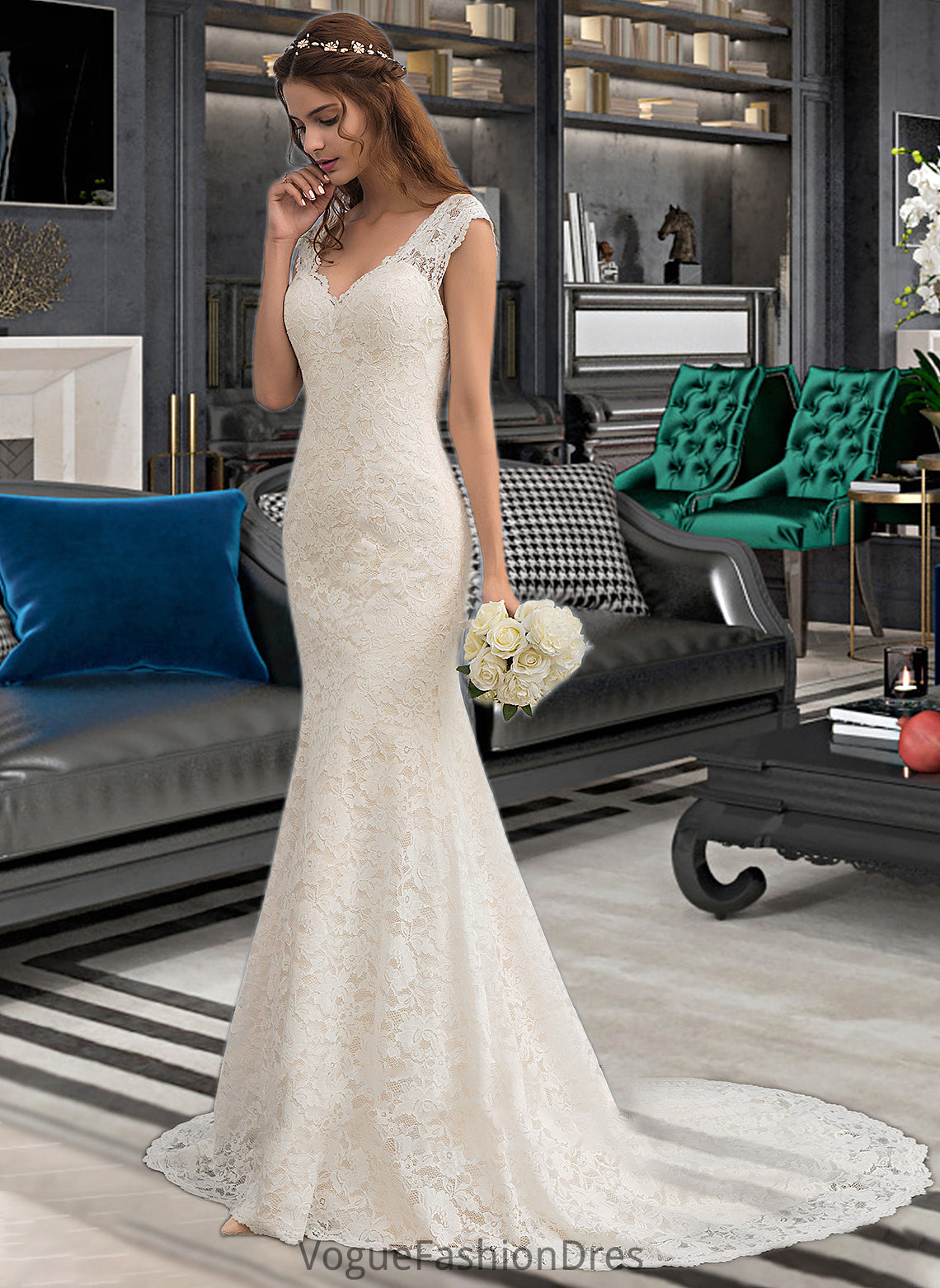 Aleena Trumpet/Mermaid V-neck Court Train Lace Wedding Dress DKP0013804