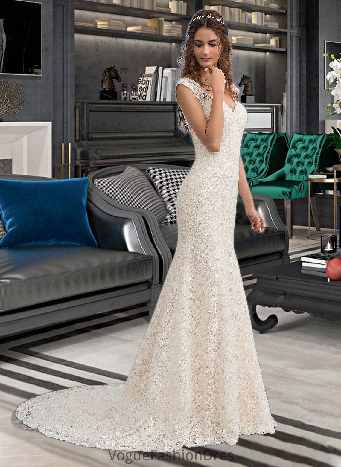 Aleena Trumpet/Mermaid V-neck Court Train Lace Wedding Dress DKP0013804