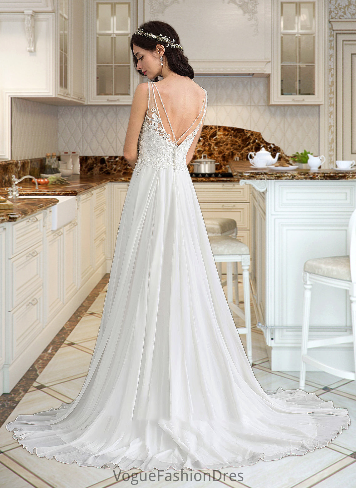 Ashlee A-Line V-neck Sweep Train Chiffon Wedding Dress With Beading Sequins Split Front DKP0013806