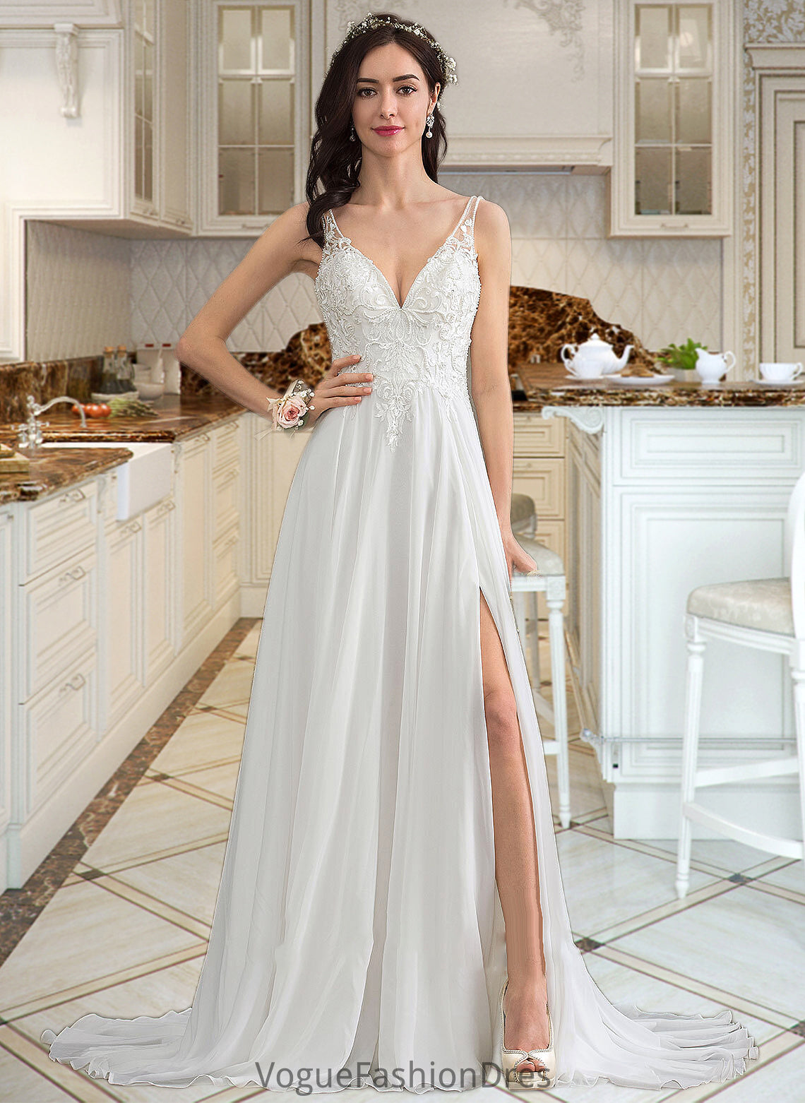 Ashlee A-Line V-neck Sweep Train Chiffon Wedding Dress With Beading Sequins Split Front DKP0013806