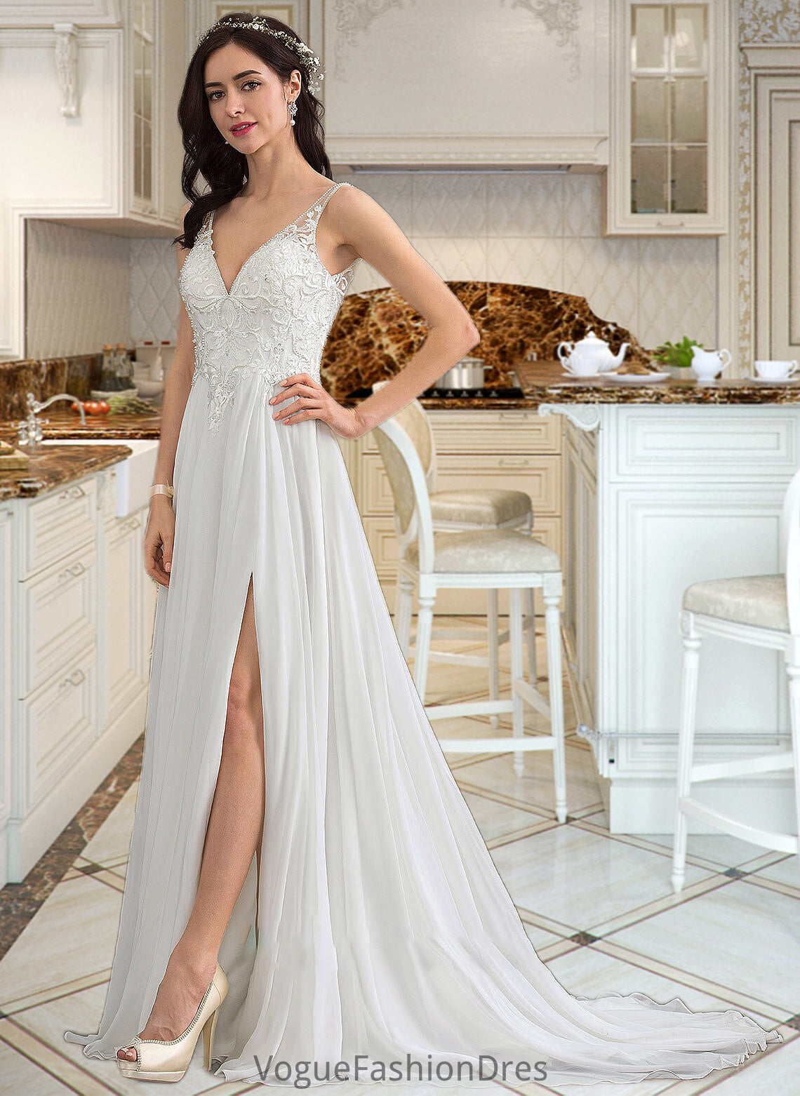 Ashlee A-Line V-neck Sweep Train Chiffon Wedding Dress With Beading Sequins Split Front DKP0013806