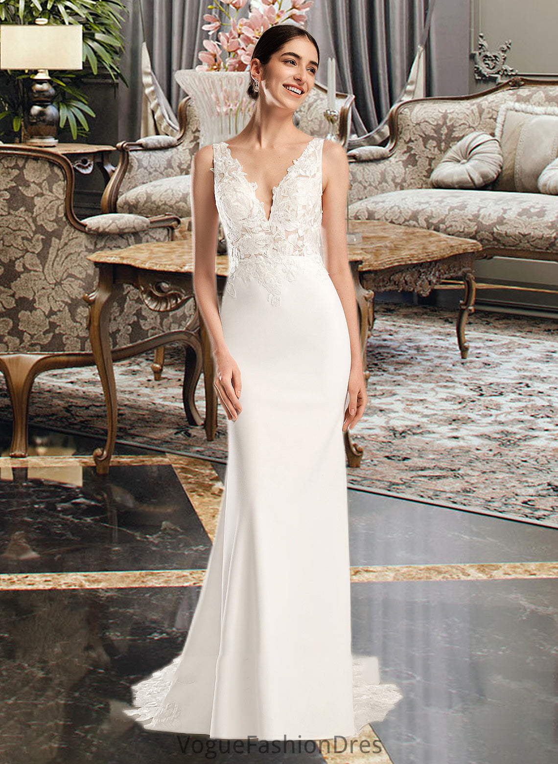 Michaelia Sheath/Column V-neck Court Train Wedding Dress With Sequins DKP0013807