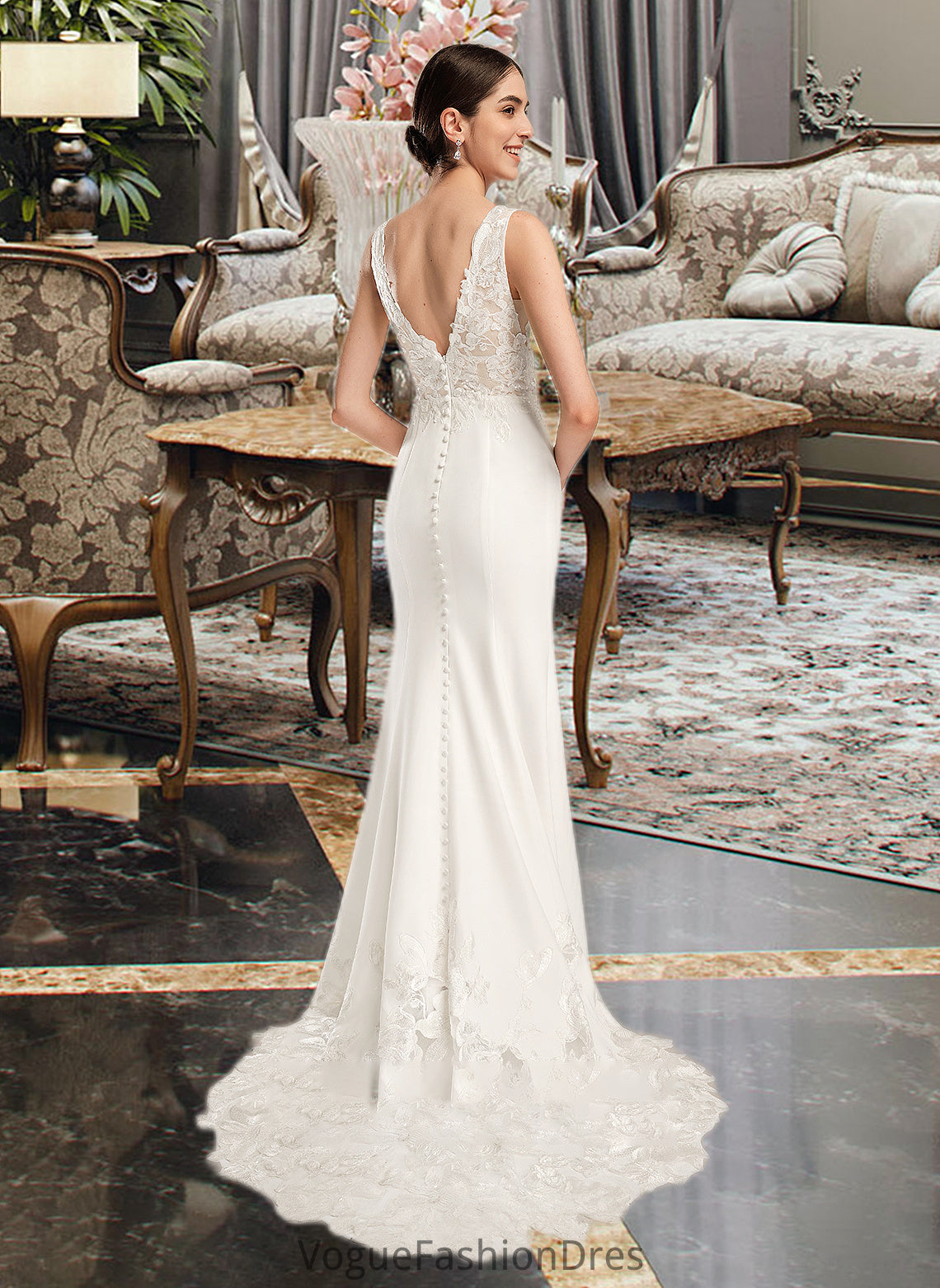 Michaelia Sheath/Column V-neck Court Train Wedding Dress With Sequins DKP0013807