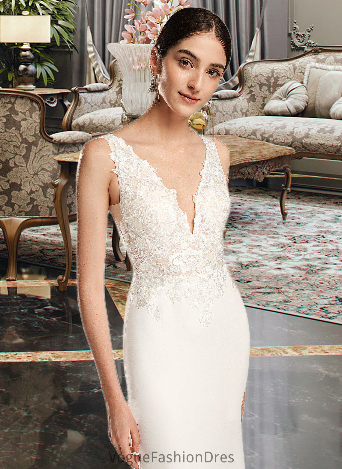 Michaelia Sheath/Column V-neck Court Train Wedding Dress With Sequins DKP0013807