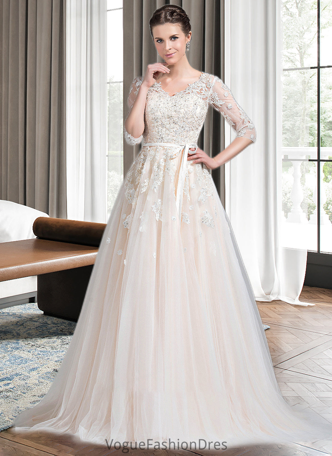 Janae Ball-Gown/Princess V-neck Court Train Tulle Wedding Dress With Beading Appliques Lace Sequins Bow(s) DKP0013809