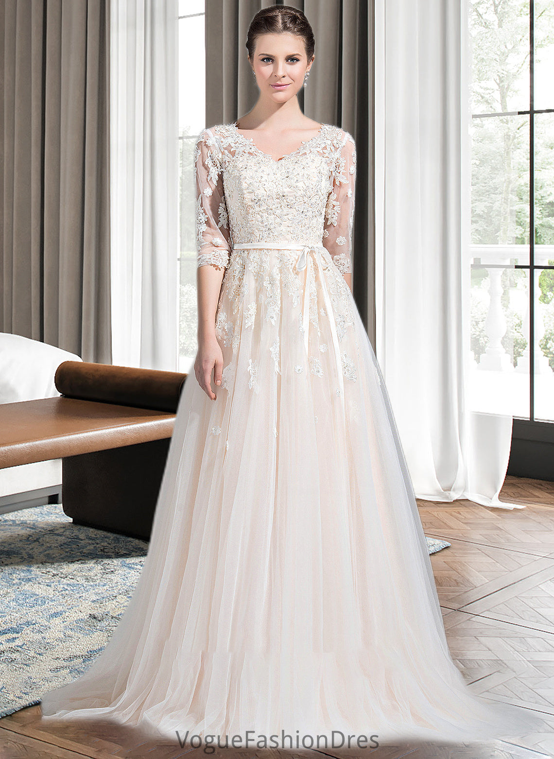 Janae Ball-Gown/Princess V-neck Court Train Tulle Wedding Dress With Beading Appliques Lace Sequins Bow(s) DKP0013809