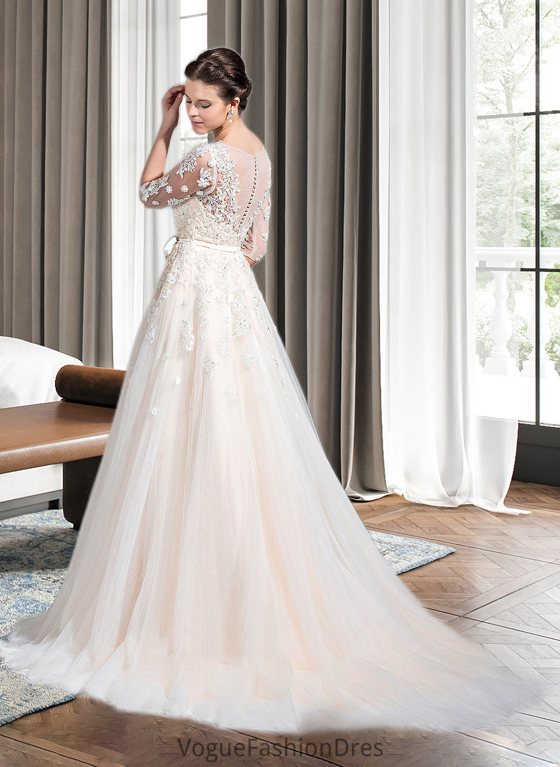 Janae Ball-Gown/Princess V-neck Court Train Tulle Wedding Dress With Beading Appliques Lace Sequins Bow(s) DKP0013809