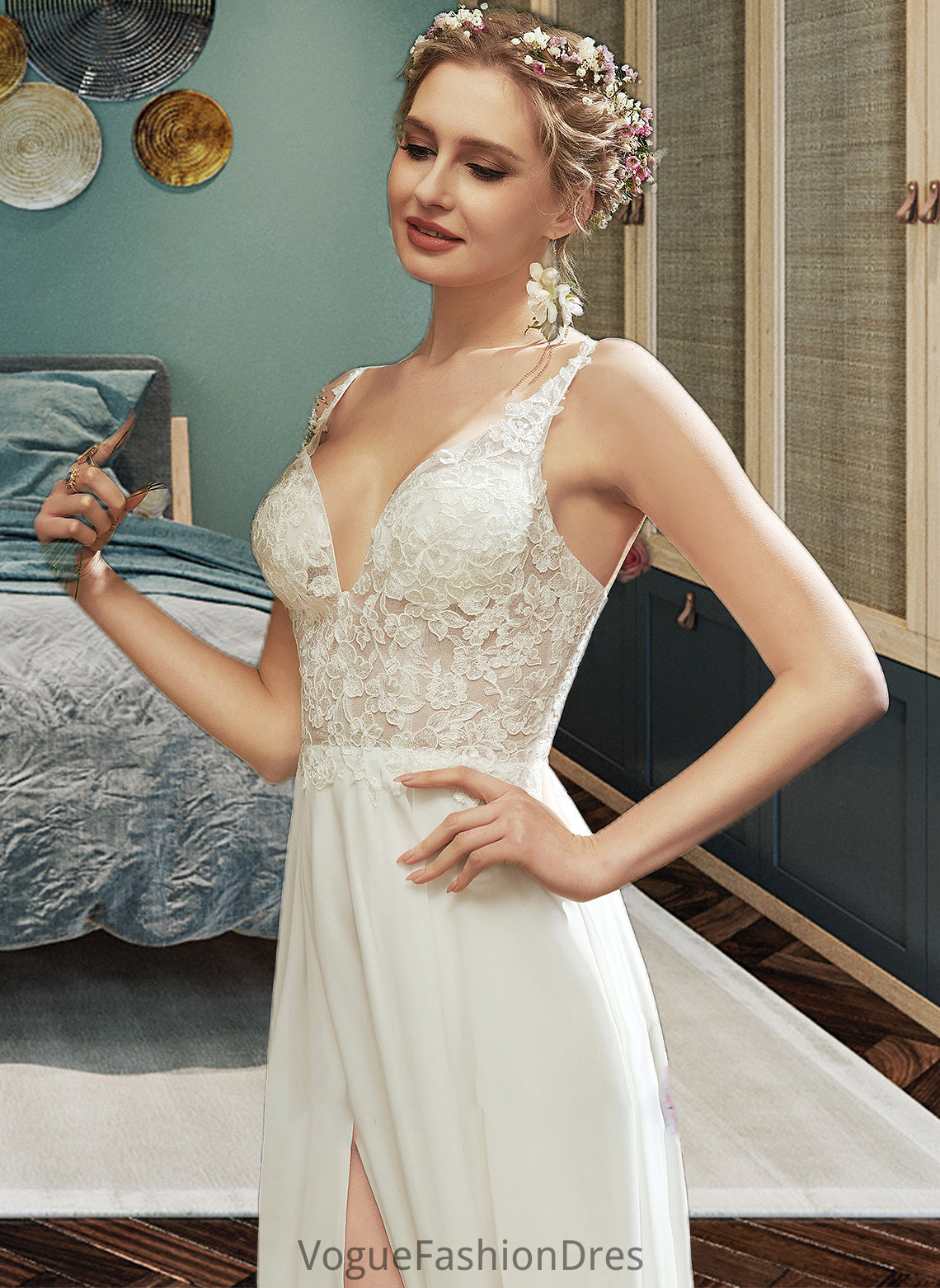 Eloise A-Line V-neck Floor-Length Wedding Dress With Lace Split Front DKP0013815