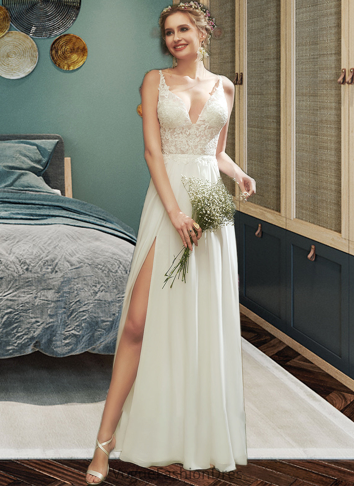 Eloise A-Line V-neck Floor-Length Wedding Dress With Lace Split Front DKP0013815