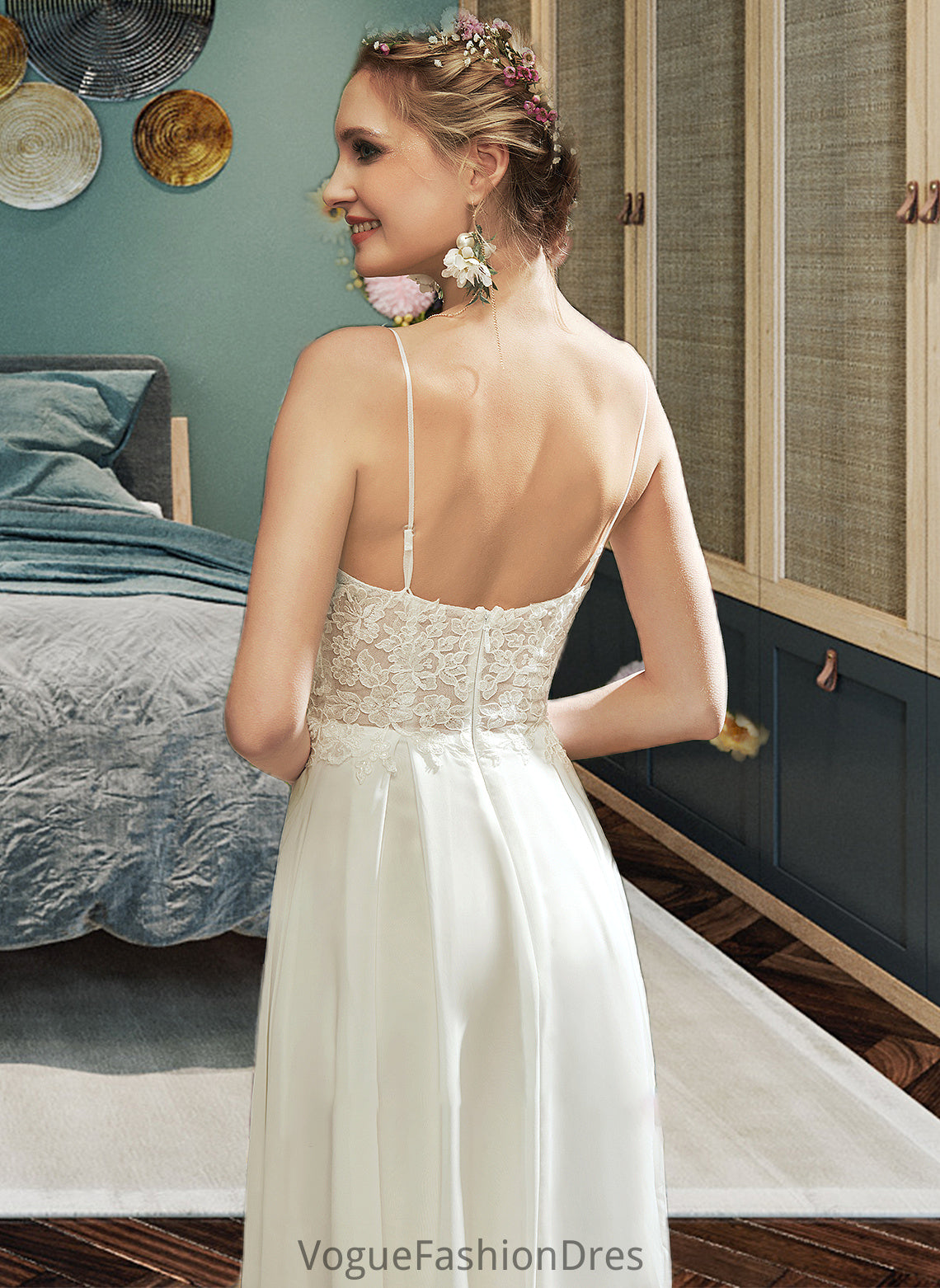 Eloise A-Line V-neck Floor-Length Wedding Dress With Lace Split Front DKP0013815