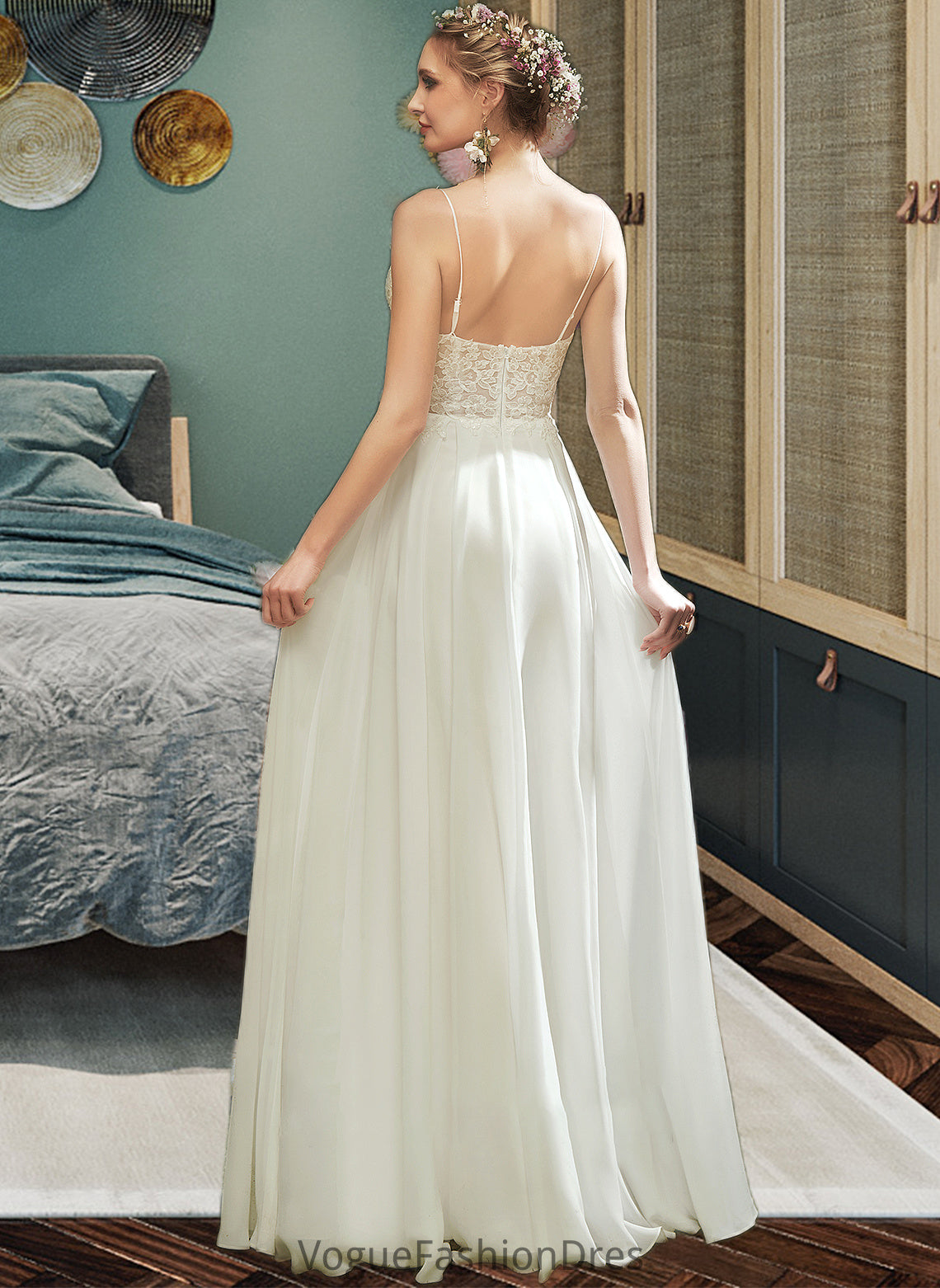 Eloise A-Line V-neck Floor-Length Wedding Dress With Lace Split Front DKP0013815