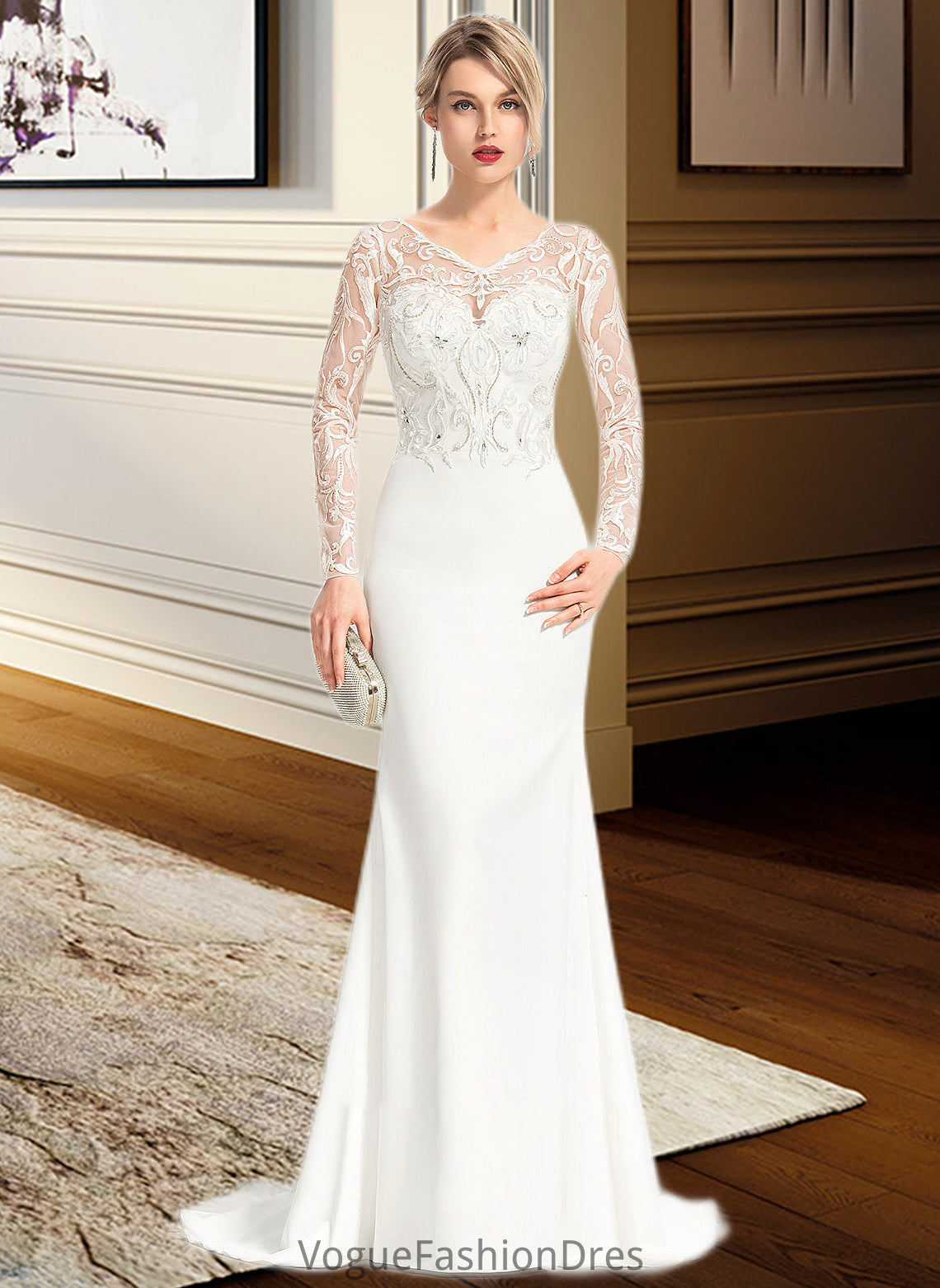 Phoenix Trumpet/Mermaid V-neck Sweep Train Stretch Crepe Wedding Dress With Beading Sequins DKP0013816