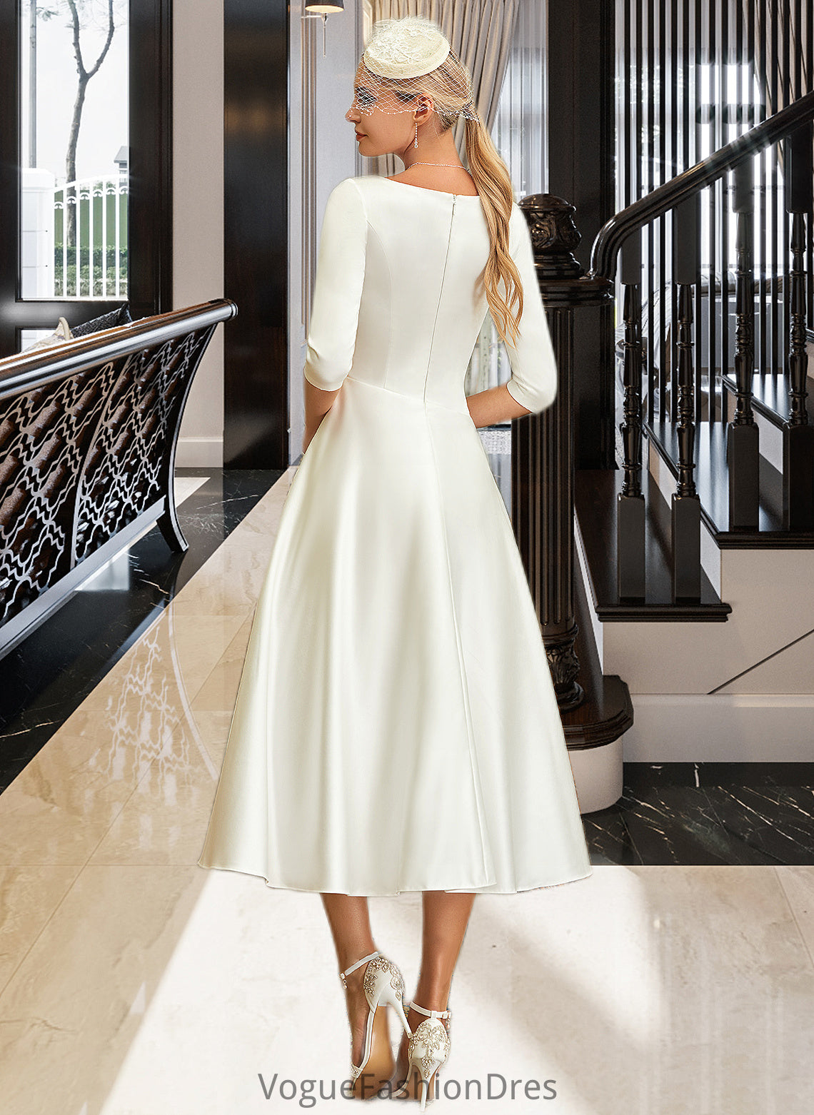 Tess A-Line V-neck Tea-Length Satin Wedding Dress DKP0013817