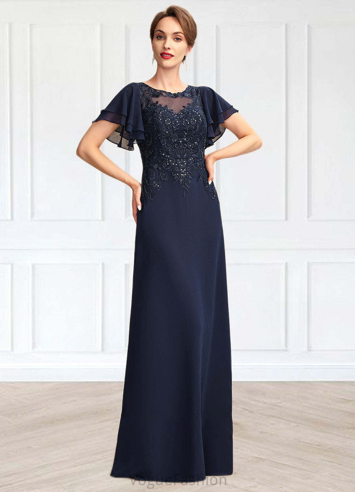 Delilah A-Line Scoop Neck Floor-Length Chiffon Lace Mother of the Bride Dress With Sequins DK126P0014857