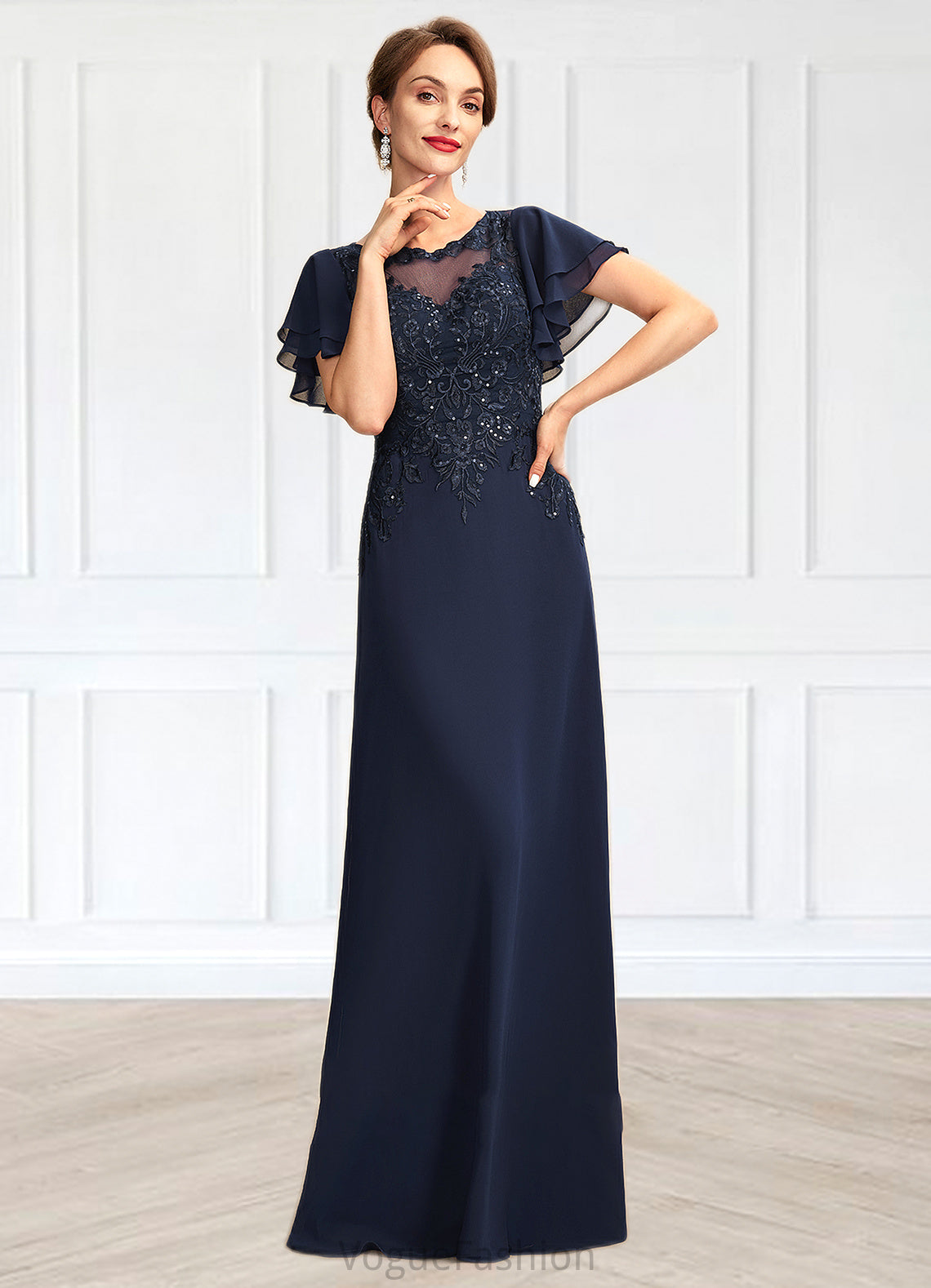 Delilah A-Line Scoop Neck Floor-Length Chiffon Lace Mother of the Bride Dress With Sequins DK126P0014857