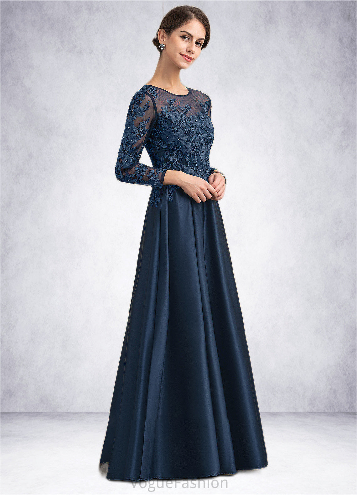 Evie A-Line Scoop Neck Floor-Length Satin Lace Mother of the Bride Dress With Beading DK126P0014858