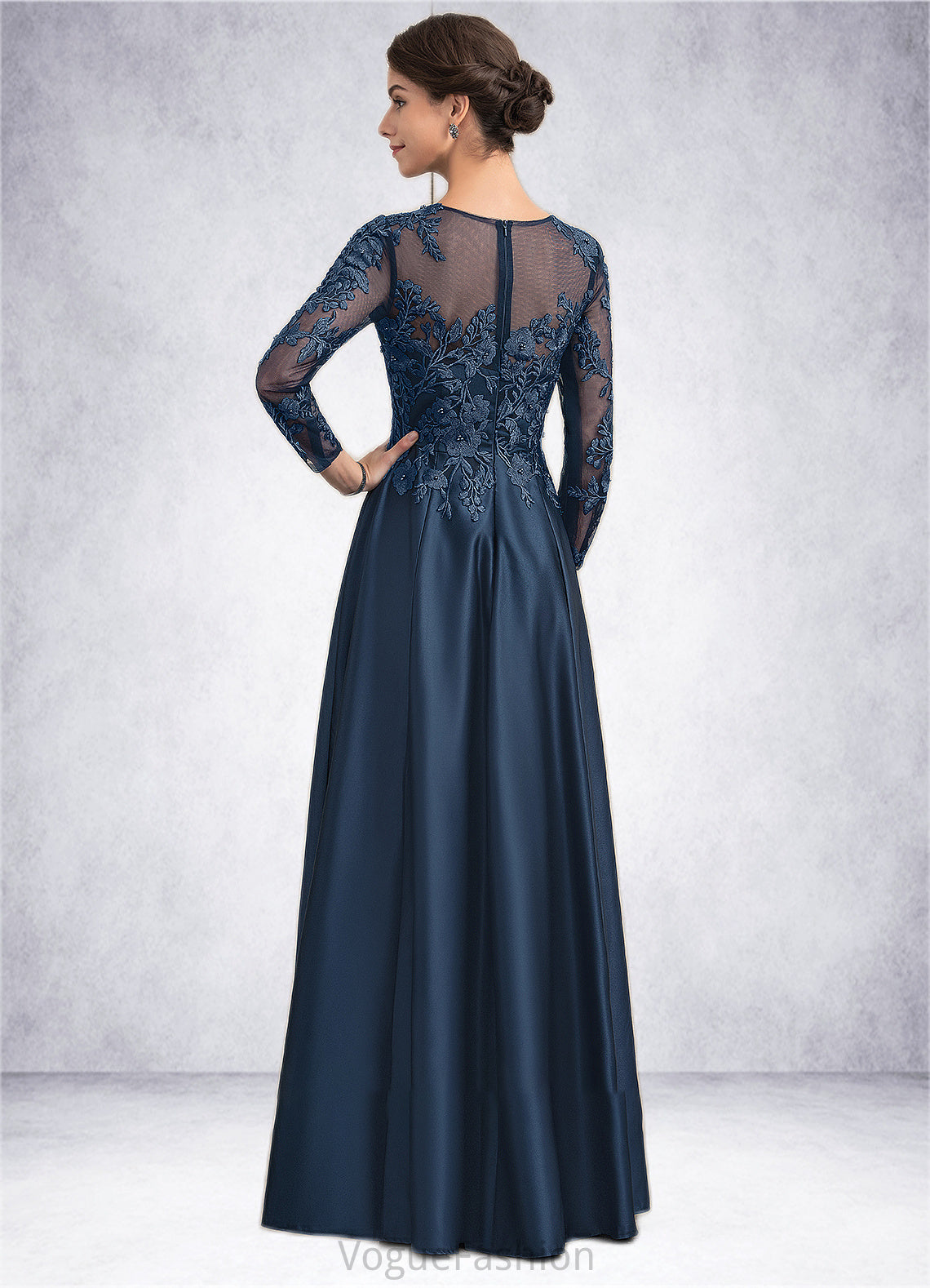 Evie A-Line Scoop Neck Floor-Length Satin Lace Mother of the Bride Dress With Beading DK126P0014858