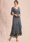 LuLu A-Line V-neck Asymmetrical Chiffon Lace Mother of the Bride Dress With Ruffle Beading Sequins DK126P0014860