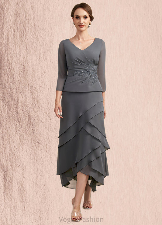 LuLu A-Line V-neck Asymmetrical Chiffon Lace Mother of the Bride Dress With Ruffle Beading Sequins DK126P0014860