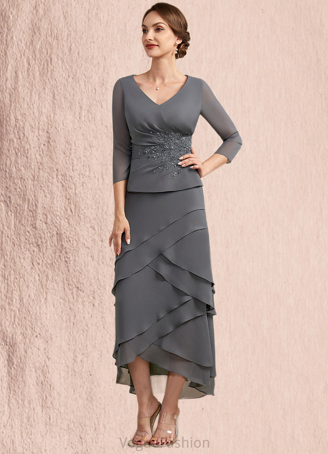 LuLu A-Line V-neck Asymmetrical Chiffon Lace Mother of the Bride Dress With Ruffle Beading Sequins DK126P0014860