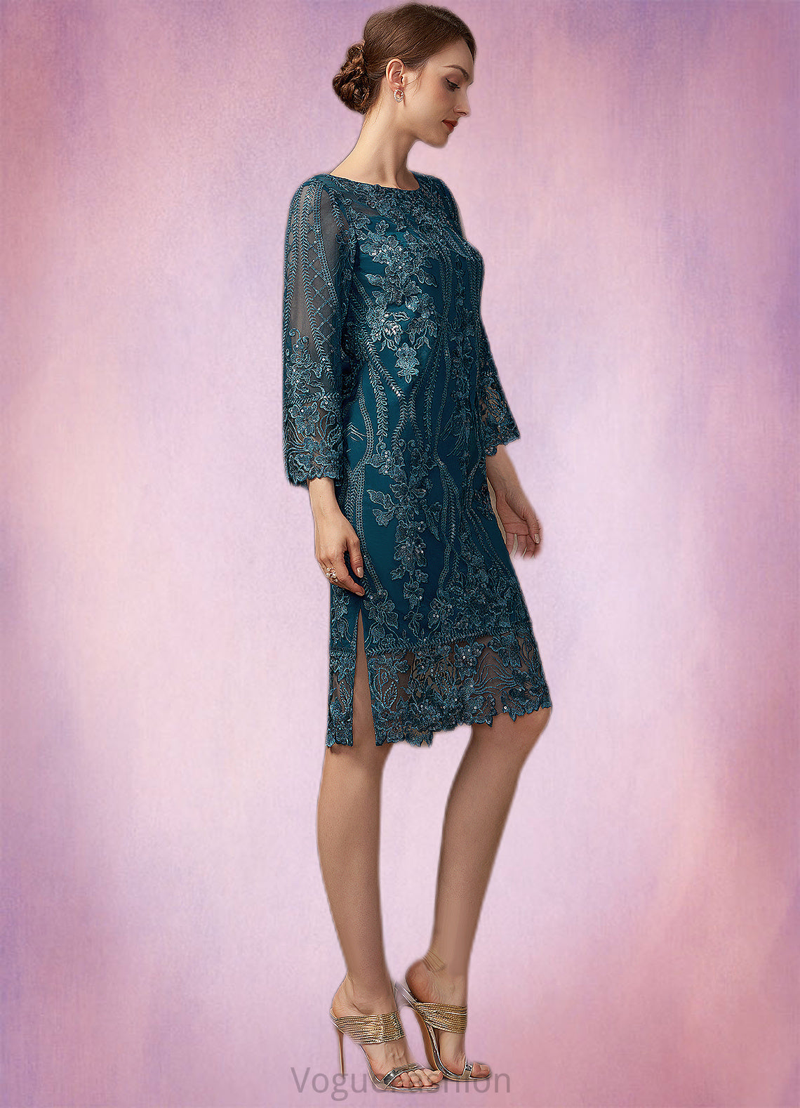 Carolyn Sheath/Column Scoop Neck Knee-Length Lace Mother of the Bride Dress With Sequins DK126P0014867