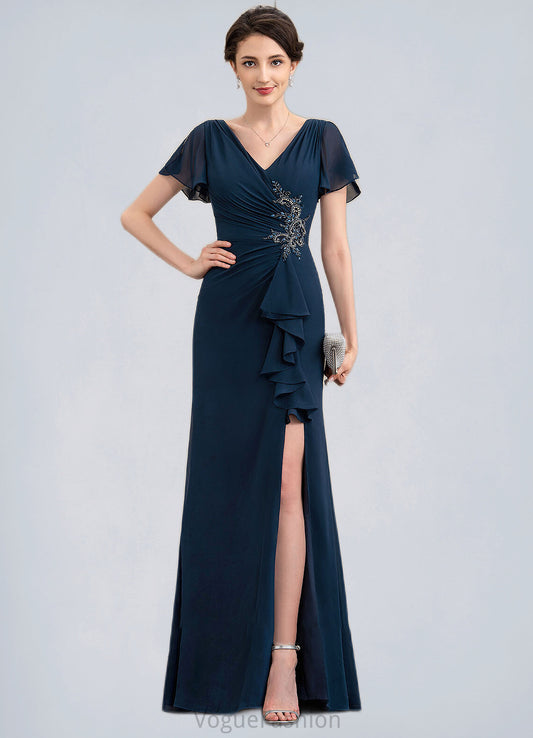 Susie Sheath/Column V-neck Floor-Length Chiffon Mother of the Bride Dress With Beading Split Front Cascading Ruffles DK126P0014868