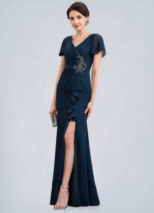 Susie Sheath/Column V-neck Floor-Length Chiffon Mother of the Bride Dress With Beading Split Front Cascading Ruffles DK126P0014868