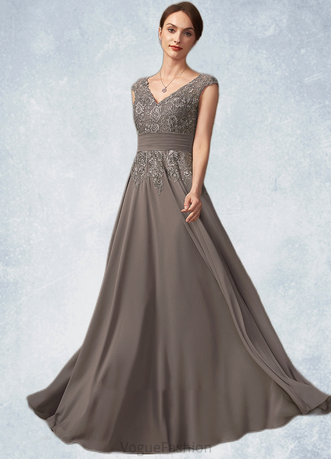 Jan A-Line V-neck Floor-Length Chiffon Lace Mother of the Bride Dress With Ruffle Sequins DK126P0014870