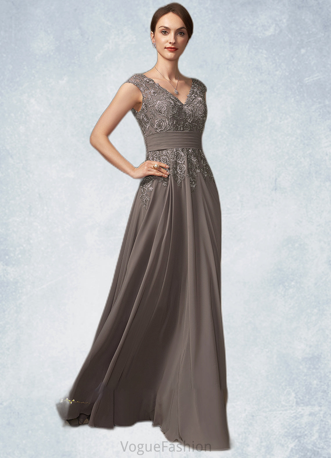 Jan A-Line V-neck Floor-Length Chiffon Lace Mother of the Bride Dress With Ruffle Sequins DK126P0014870