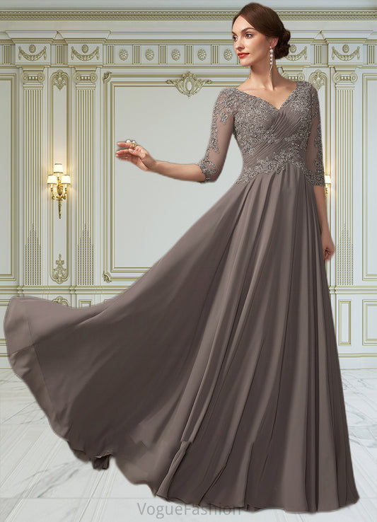 Caroline A-Line V-neck Floor-Length Chiffon Lace Mother of the Bride Dress With Beading Sequins DK126P0014876